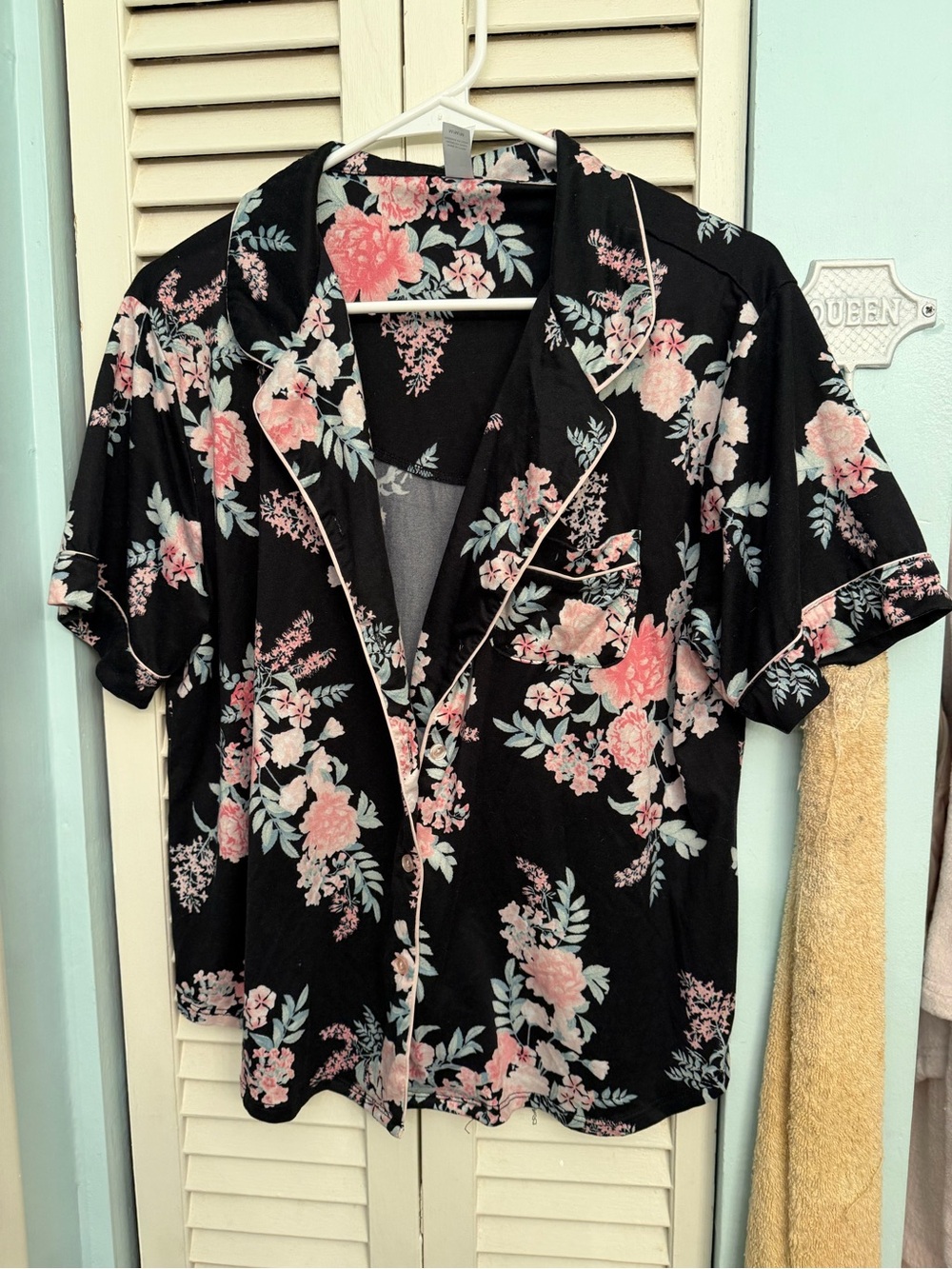 Flora Nikrooz Black Floral Button-Down Top with Pink Blooms